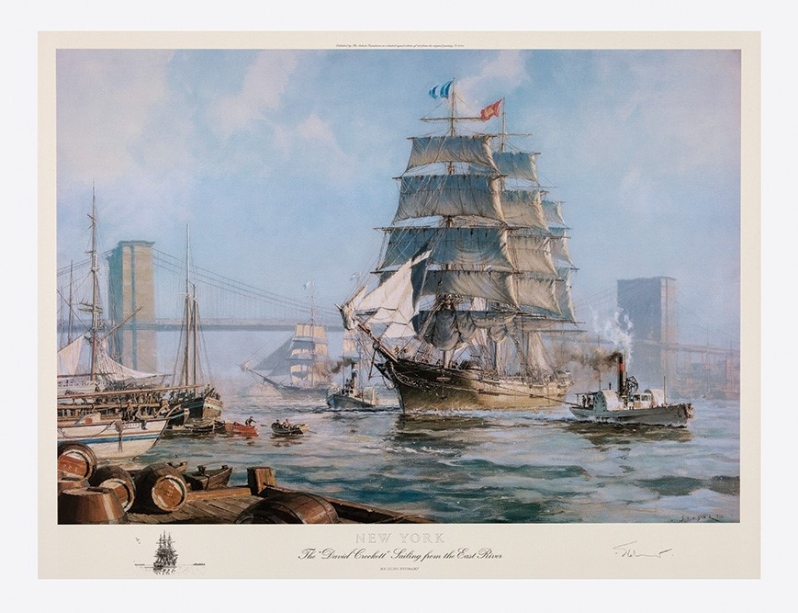Product Description: New York-TheDavid Crockett Sailing From the East Riverby John Stobart</br></br>The clipper ship David Crockett was launched in 1853 from the Greenman & Company shipyard in Mystic,Connecticut. Carrying three skysails, she became famous for her consistent fast runs between New York and San Francisco. She is the subject of the sea song “The Leaving of Liverpool,” a forebitter dated to some time between 1863 and 1874, when the ship was commanded by Captain John A. Burgess. Burgess was known as a tough master. He was lost overboard in 1874. Dimensions: 18" x 26"</br> New York-The David Crockett by John Stobart