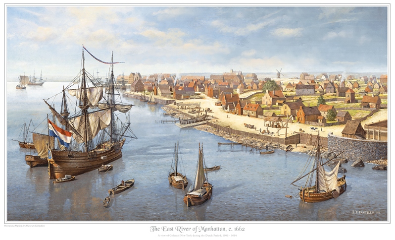 Product Description: The East River of Manhattan, c1662by Len Tantillo</br></br>Signed and numbered print depicts a 17th century view of the tip of Manhattan, looking to the southwest. If all those who cross the Brooklyn Bridge into Manhattan could be transported back, for an instant, to the 17th century, they would be taking in the sight of a busy Dutch colonial city at the height of its success. While the skyline of the lower East Side has been forever transformed, it is important to remember the significance of New York City's storied Dutch origins. The East River was then the busiest harbor in North America, with vessels of every size and description plying its waters. The international importance of New York Harbor originated four centuries ago in an age when goods were transported by wind and sail.</br> The East River of Manhattan by Len Tantillo