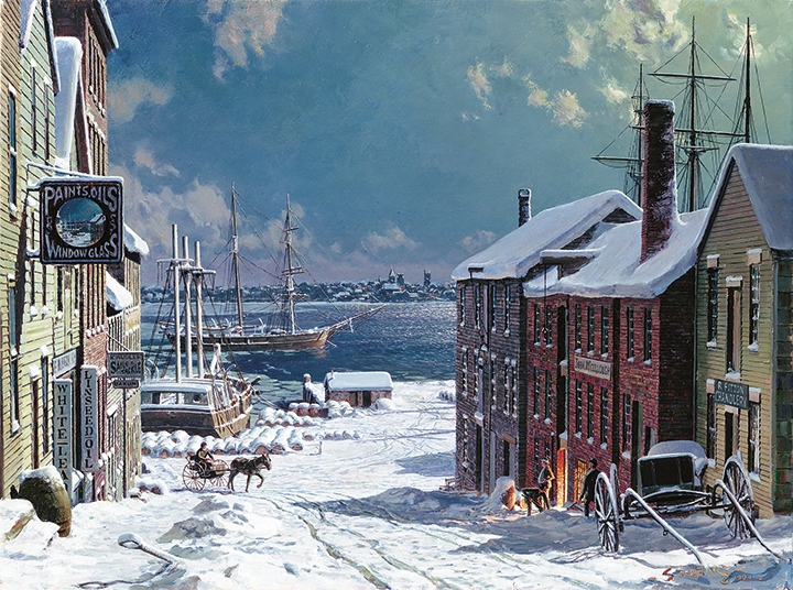 Product Description: New Bedford – The View Across to Fairhaven from Centre Street in 1884.by John Stobart</br></br>Set of 10 NOTE Cards.</br>An unexpected snowfall blankets New Bedford, Massachusetts, during the city's whaling heyday. In this 1884 view looking down Centre Street and past Central Wharf, we see the lights of Fairhaven just across the harbor. The whalerIsabellarides at anchor, while barkCicero, with her whaling days behind her, is moored to the wharf.Isabellawas lost less than a year later in the ice of Hudson Bay. Her crew survived and was rescued and returned to port by the schoonerEra.</br></br>John Stobart(1929–2023)John Stobart was a preeminent maritime artist. Prior to his arrival in America in 1965, he gained a wide reputation for his portrayals of ships for shipowners worldwide.After his New York City sell-out debut, the name “Stobart” would become synonymous with the rediscovery of the nation's lost ports, most having changed beyond recognition in the on-rush of progress.Stobart then began an effort to bring his artistic ideals to a larger audience through his art and other means.His paintings and limited-edition prints are collected internationally.Image copyright 1977, courtesy of The Stobart Foundation.</br> New Bedford The View Across to Fairhaven Note Card