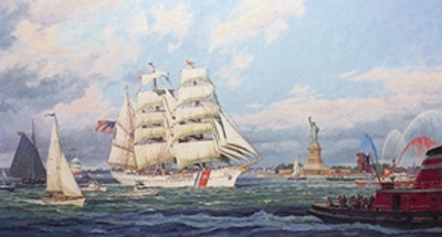 Product Description: New York Harbor and Op-Sail salute America' celebrated tall ship Eagle by William G. Muller</br></br>Sailing proudly past the Statue of Liberty and surrounded by an escorting flotilla, the US Coast Guard Academy’s beautiful and historic square-rigged barque Eagle keeps alive our nation’s proud tradition of deep-water sail into the 21st century.</br></br>Generously donated by William G. Muller from his Personal Collection. Muller grew up on the Hudson River. As a young man, he served as quartermaster aboard SS Alexander Hamilton in the 1950s and went on to become a master painter, specializing in the steamboat era in the Hudson River and beyond. A founding director and Fellow of the American Society of Marine Artists, Muller serves as an advisor to the National Maritime Historical Society.</br></br>Image size: 15 1/ 4″ x 28″</br>Sheet size: 21 1/8 X 33"</br> NY Harbor and Op-Sail Salute by William Muller