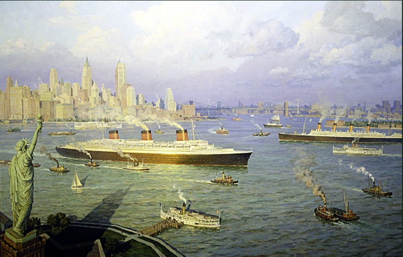 Product Description: NY Harbor During the Great Steamship Eraby William G. Muller</br></br>The legendary liner Normandie steams out of port past the Manhattan skyline and Statue of Liberty, as the venerable liner Aquitania arrives from Europe amid the bustling harbor traffic on a September late afternoon in 1935.</br></br>Generously donated by William G. Muller from his Personal Collection. Muller grew up on the Hudson River. As a young man, he served as quartermaster aboard SS Alexander Hamilton in the 1950s and went on to become a master painter, specializing in the steamboat era in the Hudson River and beyond. A founding director and Fellow of the American Society of Marine Artists, Muller serves as an advisor to the National Maritime Historical Society.</br></br>Image size: 18 1/8" x 28 1/8"</br>Sheet size: 24 1/2" x 34"</br> NY Harbor by William Muller
