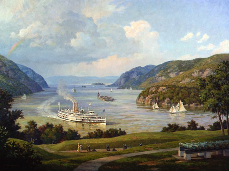 Product Description: Hudson River View from West Point, NY in 1915by William G. Muller</br></br>In this nostalgic scene, looking north up the Hudson from West Point's high hill on the famous military academy grounds,we see the day line steamboat Robert Fulton rounding the bend and passing a sailing yacht regatta of the period. A late afternoon shower crosses the river in the distance over Storm King Mountain.</br></br>Generously donated by William G. Muller from his Personal Collection. Muller grew up on the Hudson River. As a young man, he served as quartermaster aboard SS Alexander Hamilton in the 1950s and went on to become a master painter, specializing in the steamboat era in the Hudson River and beyond. A founding director and Fellow of the American Society of Marine Artists, Muller serves as an advisor to the National Maritime Historical Society.</br></br>Image size: 26" x 18"</br>Sheet size: 30 7/8" x 23 1/2"</br> Hudson River View by William Muller