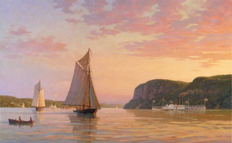 Product Description: Evening on the Hudson, 1862 by William G. Muller</br></br>A Hudson River sloop rides the tide upriver through Haverstraw Bay, while the sidewheelerDaniel Drewheads south beneath Hook Mountain.</br></br>Generously donated by William G. Muller from his Personal Collection. Muller grew up on the Hudson River. As a young man, he served as quartermaster aboard SSAlexander Hamiltonin the 1950s and went on to become a master painter, specializing in the steamboat era in the Hudson River and beyond. A founding director and Fellow of the American Society of Marine Artists, Muller serves as an advisor to the National Maritime Historical Society.</br></br>Image size: 15 3/4 x 28″</br>Sheet size: 21 1/4″ X 33″</br> Evening on The Hudson by William Muller