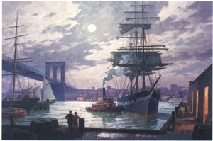 Product Description: Nightdocking, East River, NY 1895 by William G. Muller</br></br>The square-rigged shipAllerton, just arrived from sea, is nudged alongside a South Street pier near the Brooklyn Bridge, on a moonlit night over Manhattan’s East River waterfront.</br></br>Generously donated by William G. Muller from his Personal Collection. Muller grew up on the Hudson River. As a young man, he served as quartermaster aboard SSAlexander Hamiltonin the 1950s and went on to become a master painter, specializing in the steamboat era in the Hudson River and beyond. A founding director and Fellow of the American Society of Marine Artists, Muller serves as an advisor to the National Maritime Historical Society.</br></br>Image size: 28″ X 20 1/4″</br>Sheet size: 33″ X 25 3/4″</br> Nightdocking, East River by William Muller