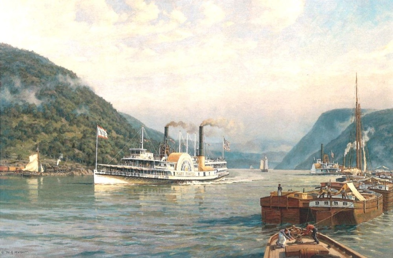 Product Description: Mary Powell Rounding Dunderberg Mountain on Her Morning Run</br></br>On a summer morning in 1895, the beautiful steamerMary Powell, most famous for the by-gone Hudson River sidewheelers, rounds Dunderberg Mountain at the southern entrance to the Hudson Highlands. Built in 1861 for service as a fast dayboat between Rondout, NY and New York City, theMary Powellhad a distinguished career for a remarkable 57 years, faithfully transporting passengers on a brisk and precise daily summer schedule.</br></br>Called “Queen of the Hudson”, theMary Powellwas frequently sought out by the chic new steam yachts of the day for the purpose of racing her, in the hope of establishing a rare and much celebrated victory as a faster vessel.</br></br>Generously donated by William G. Muller from his Personal Collection. Muller grew up on the Hudson River. As a young man, he served as quartermaster aboard SSAlexander Hamiltonin the 1950s and went on to become a master painter, specializing in the steamboat era in the Hudson River and beyond. A founding director and Fellow of the American Society of Marine Artists, Muller serves as an advisor to the National Maritime Historical Society.</br></br>SIGNED AND NUMBERED – limited edition of 950 signed and numbered prints on 100% rag paper.</br></br>Image size: 17″ x 25 1/5″</br> Mary Powell Rounding Dunderberg Mountain