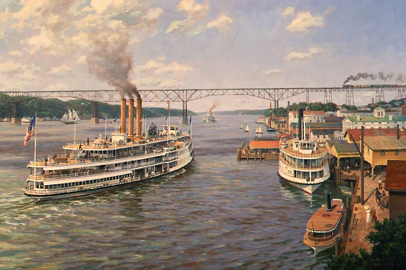 Product Description: Poughkeepsie Landing, 1910by William G. Muller</br></br>Looking north up the Hudson River toward the famed Poughkeepsie Railroad Bridge, the day line steamerRobert Fultonprepares to make her landing at the busy Poughkeepsie, N.Y. waterfront during the grand era of steamboat travel on the river.</br></br>Generously donated by William G. Muller from his Personal Collection. Muller grew up on the Hudson River. As a young man, he served as quartermaster aboard SSAlexander Hamiltonin the 1950s and went on to become a master painter, specializing in the steamboat era in the Hudson River and beyond. A founding director and Fellow of the American Society of Marine Artists, Muller serves as an advisor to the National Maritime Historical Society.</br></br>Image size: 18 1/2″ x 28″</br>Sheet size: 24″ x 33″</br> Poughkeepsie Landing by William Muller