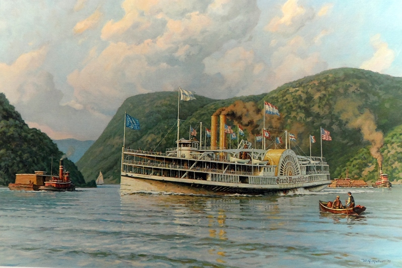Product Description: Grand Republicby William G. Muller</br></br>The great sidewheel excursion steamer,Grand Republic, 1879-1924. The largest steamboat ever constructed for exclusive excursion service in the port of New York, shown heading southbound through the Hudson River highlands in 1918.</br></br>Generously donated by William G. Muller from his Personal Collection. Muller grew up on the Hudson River. As a young man, he served as quartermaster aboard SSAlexander Hamiltonin the 1950s and went on to become a master painter, specializing in the steamboat era in the Hudson River and beyond. A founding director and Fellow of the American Society of Marine Artists, Muller serves as an advisor to the National Maritime Historical Society.</br></br>Image size: 16 1/2 x 25″</br>Sheet size: 22 1/4″ X 30″</br> Grand Republic by William Muller