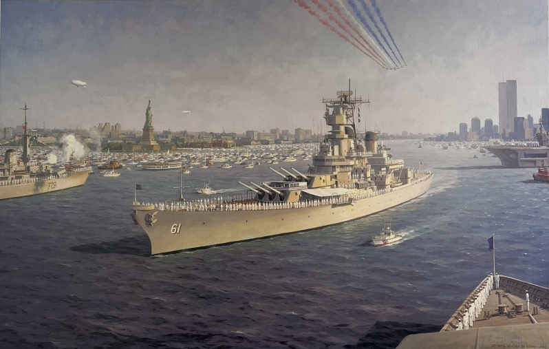 Product Description: U.S.S. Iowa Salutes Liberty, 1986</br></br>The great American battleshipIowa, bearing President Ronald Reagan and his entourage, steams majestically past the Statue of Liberty and assembled naval ships, during the historic “Statue to Liberty” festivities in New York Harbor on July 4, 1986, honoring the famous Statue’s 100th birthday.</br></br>Generously donated by William G. Muller from his Personal Collection. Muller grew up on the Hudson River. As a young man, he served as quartermaster aboard SSAlexander Hamiltonin the 1950s and went on to become a master painter, specializing in the steamboat era in the Hudson River and beyond. A founding director and Fellow of the American Society of Marine Artists, Muller serves as an advisor to the National Maritime Historical Society.</br></br>Image size: 13 1/2″ x 20 1/4</br>Sheet size: 18 1/4″ x 25″</br> U.S.S. Iowa Salutes Liberty by William Muller