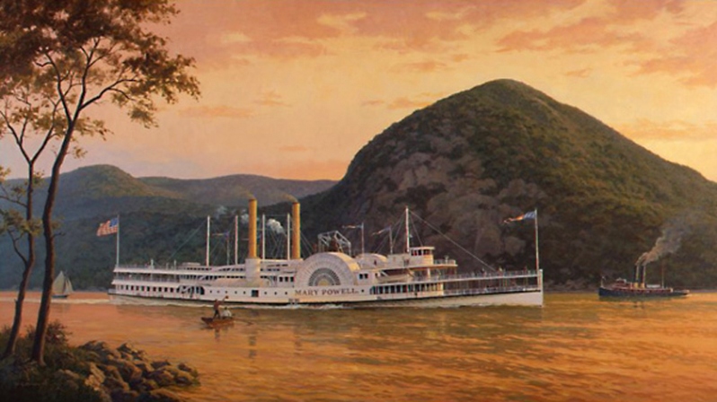 Product Description: Mary Powell, September 1905</br></br>This beautiful and most famous of all Hudson River steamboats,Mary Powell, once known as the “Queen of the Hudson,” heads north past Storm King Mountain and the tugboatGeorge W. Washburnon a September evening in 1905.</br></br>Generously donated by William G. Muller from his Personal Collection. Muller grew up on the Hudson River. As a young man, he served as quartermaster aboard SSAlexander Hamiltonin the 1950s and went on to become a master painter, specializing in the steamboat era in the Hudson River and beyond. A founding director and Fellow of the American Society of Marine Artists, Muller serves as an advisor to the National Maritime Historical Society.</br></br>Image size: 15 1/2″ x 28″</br>Sheet size: 21 1/4″ x 33″</br> Mary Powell, September 1905 by William Muller