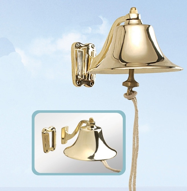 Product Description: Solid, heavy gauge, fluted bell. Superb quality standard equipment on all new yachts and boats. Slide-in bracket allows removal when not in use. Size will pass U.S. Coast Guard inspection. Measures: 6" wide x 6" tall</br> 6" Fluted Brass Bell