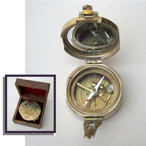 Product Description: Authentic working solid brass Brunton style explorers’ compass in mahogany box with brass inserts. Styled after the famous Brunton compass of the 1890's</br> 3" Brunton Transit Compass