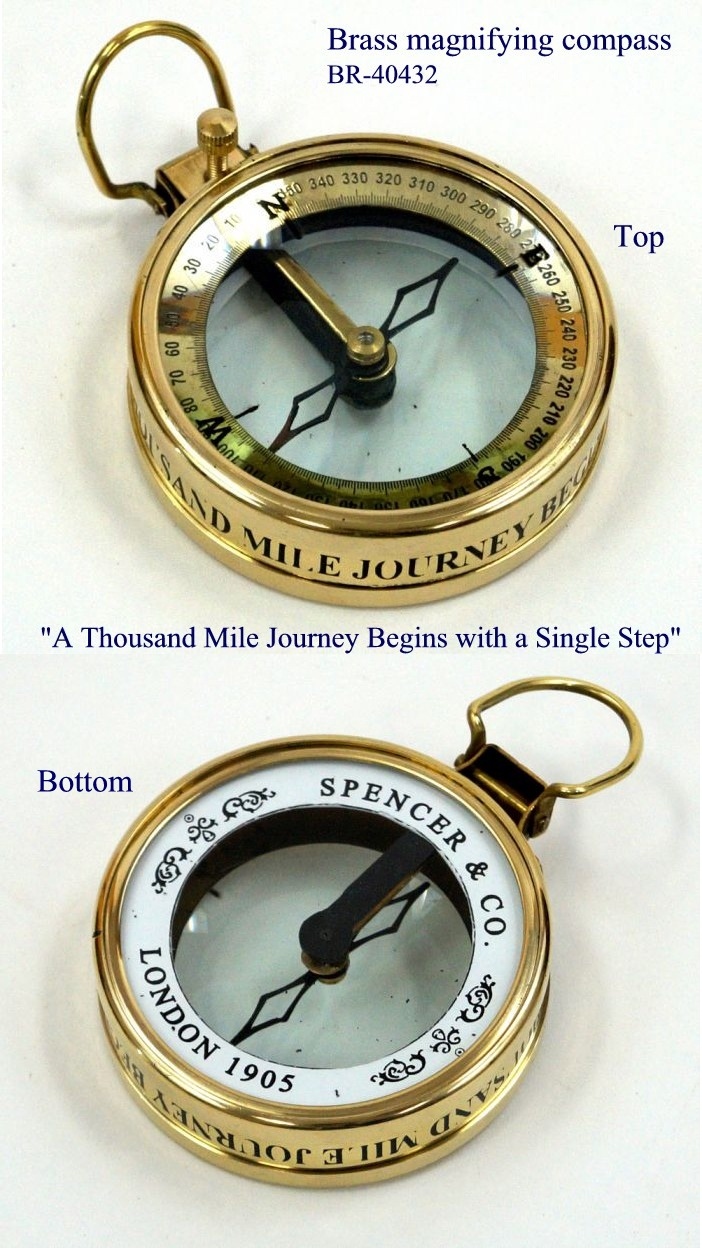 Product Description: Polished brass magnifying compass with engraved quotation "A Thousand Mile Journey Begins with a Single Step"</br> 3.25" Spencer Magnifying Compass