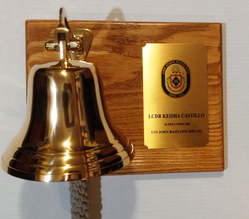 Product Description: 6” solid brass ship’s bell mounted on a solid hardwood red oak plaque with brass plate. Both the brass bell and the brass plate can be engraved with whatever inscription you would require. Cost is the same regardless of the number of characters and/or logo. Awards such as this give a special lasting impression and carry a special meaning to all involved. Email your engraving to merchandise@seahistory.org. Red oak plaque measures 12″ high x 9-1/2″ wide</br> Horizontal Presentation Plaque with Brass Bell