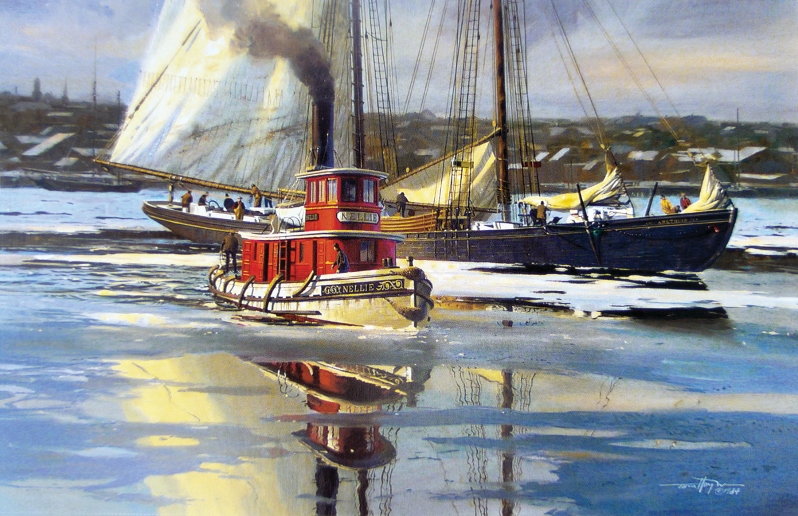 Product Description: Set of 10 note cards. Lift to Clear Water by Thomas Hoyne (1924-1989)</br></br>Lift to Clear Water depicts the 127-foot knockabout schooner Arethusa outward bound for the Grand Banks. The brightly painted steam tug Nellie has let go of the towline as the schooner crew prepares to set the foresail, jib, and jumbo. Grand Banks fishing schooners evolved over time to increase speed, capacity, and safety. The knockabout schooner was a Thomas McManus design from 1902. The elimination of the bowsprit kept the crew inboard and off the notorious “widowmaker,” without sacrificing a vessel’s capacity in the hold down below. Arethusa was built and launched from the James & Tarr Shipyard in Essex, Massachusetts, in 1909, and had a brief hiatus from fishing during Prohibition, when she was used by the famous rum-runner Bill McCoy for that illicit trade. She was lost off Halifax in 1929.</br></br>(c) Thomas Hoyne. All Rights Reserved. Printed by the National Maritime Historical Society.</br> Lift to Clear Water Note Cards